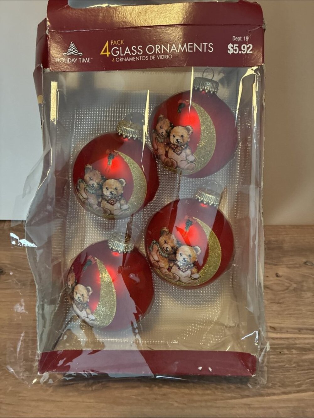 Y2K Holiday Time Teddy Bear Glass Christmas Ornaments Set of 4 Red Gold Boxed
